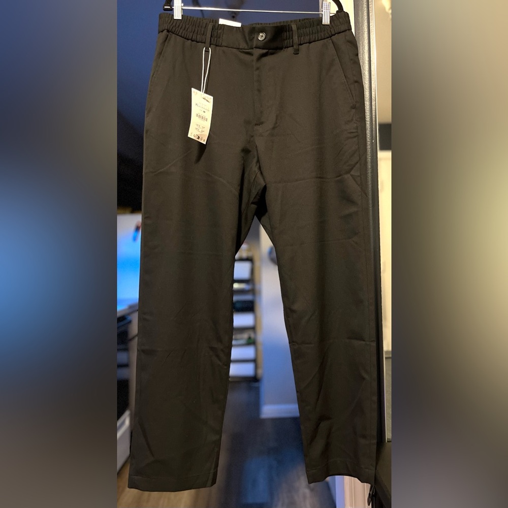 Zara Black Straight Fit Elastic Waist Pants XL NWT Stretch Mid Rise